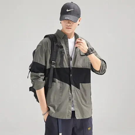 Modi Nick/摩帝尼克复古拼接设计男士休闲潮流衬衫宽松纯棉工装图片