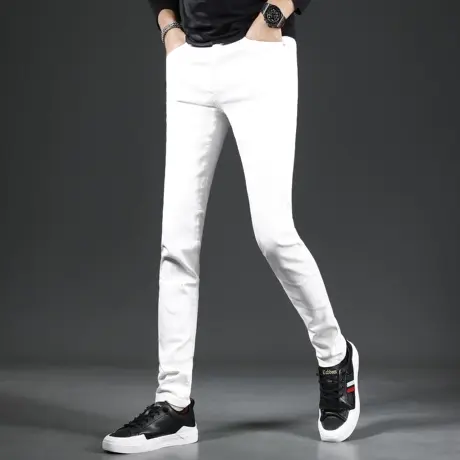 白色牛仔裤男秋季2023新款高端潮牌修身小脚男士弹力百搭休闲裤子商品大图