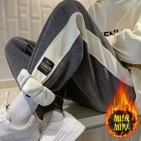 卫裤男束脚宽松条纹男士秋冬款休闲裤潮牌加绒灯芯绒灰色运动裤子商品大图