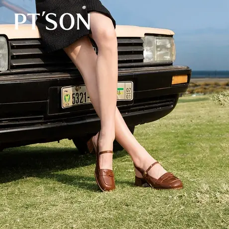 明星同款百田森牛漆皮包头半凉鞋女春夏超火复古玛丽珍凉鞋平底图片