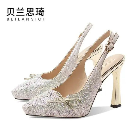 水钻性感尖头防水台高跟鞋女2023春夏季新款后空厚底包头粗跟凉鞋商品大图