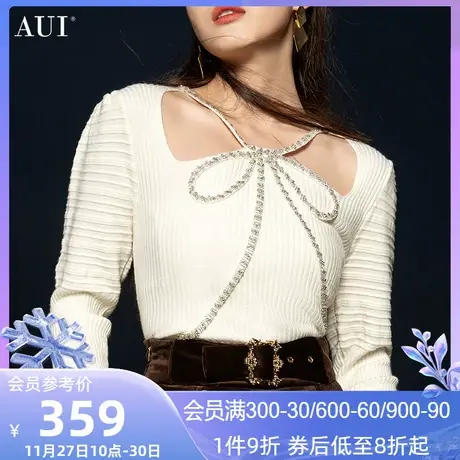 AUI杏色气质名媛打底毛衣女冬2023新款高定别致修身保暖内搭上衣商品大图
