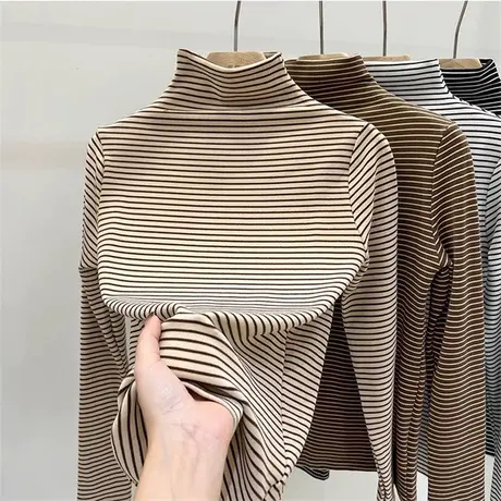 条纹高领长袖T恤女秋冬装修身显瘦德绒加绒加厚保暖外穿打底上衣商品大图