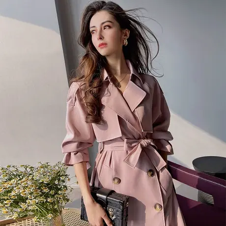 粉红大布娃娃2022新款时尚气质英伦风双排扣腰带长款风衣外套女春商品大图