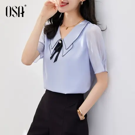 OSA欧莎蓝色法式短袖衬衫女夏季2022年新款雪纺衬衣泡泡袖上衣薄商品大图