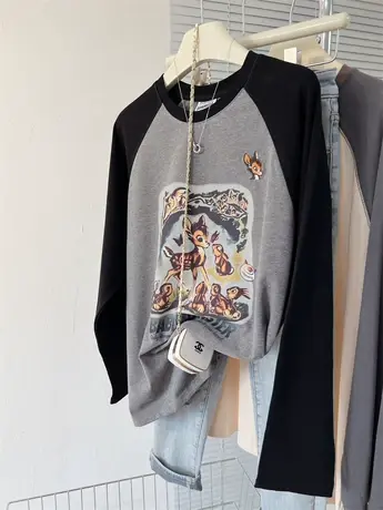 2024年秋冬新款小鹿发泡刺绣宽松磨毛棉长袖圆领插肩袖T恤女上衣商品大图