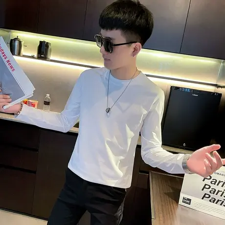 秋季男士t恤打底衫长袖修身纯色潮牌时尚休闲网红ins潮流青年体恤商品大图