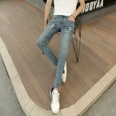 牛仔长裤子男修身小脚社会社会小伙百搭破洞春季网红人潮牌紧身商品大图