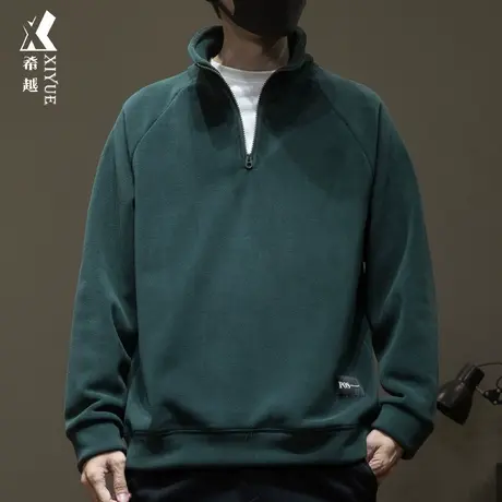 希越奥粒绒半拉链卫衣男2024冬季新款潮牌宽松大码男士套头衫上衣商品大图