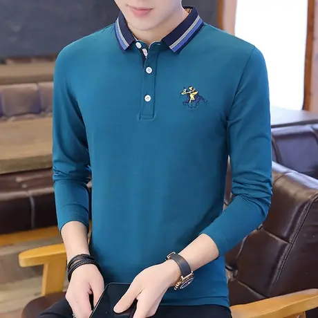 秋季纯棉长袖男t恤潮流刺绣男装翻领polo衫休闲打底衫青年爸爸装商品大图