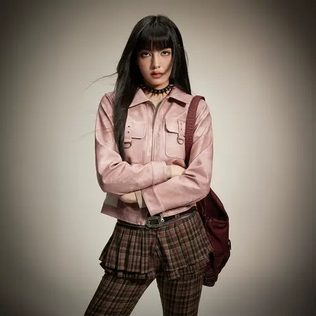 街头潮牌扎染短款外套女春秋2024新款修身PU皮夹克机车风拼接皮衣图片