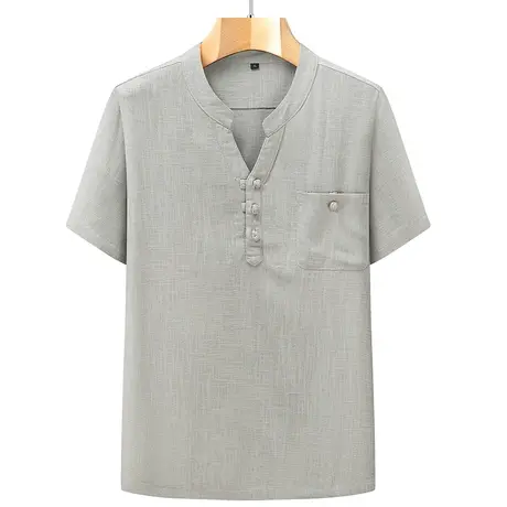 2023夏季中国风男短袖T恤亚麻上衣服清凉透气宽松V领半袖小衫商品大图