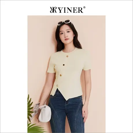 YINER音儿专选女装夏季短袖不规则针织衫浅杏色套头图片