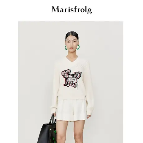 【趣味系类】玛丝菲尔春新款杏色手绘V领毛针织衫慵懒风毛衣商品大图