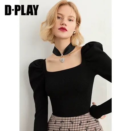 DPLAY2025春季复古法式泡泡袖修身气质黑针织衫时尚方领长袖上衣商品大图