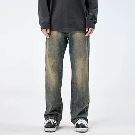 复古牛仔裤男潮牌宽松直筒潮流休闲百搭阔腿垂感裤子新款黄泥色商品大图