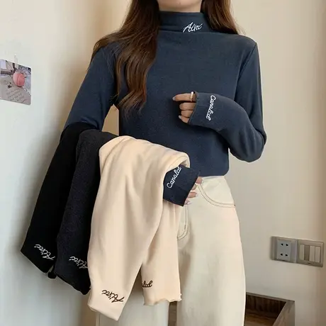 大码半高领德绒打底衫女秋冬内搭洋气修身显瘦高级感长袖t恤上衣图片
