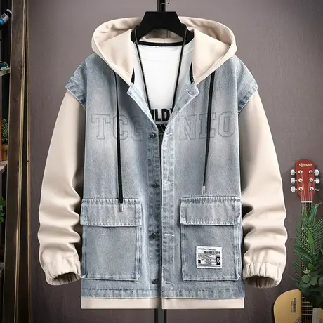 牛仔外套男高级感痞帅潮牌假两件连帽夹克2024春秋新款男士外衣服商品大图