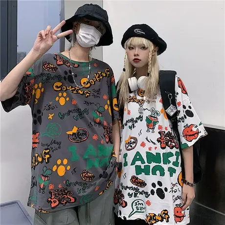 2024年春夏季新款大码情侣男装上衣服宽松港风潮流t恤短袖ins潮流图片