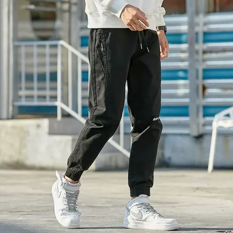 汉斯卡2021秋季新款黑色休闲裤男宽松百搭韩版潮流抽绳束脚工装裤商品大图