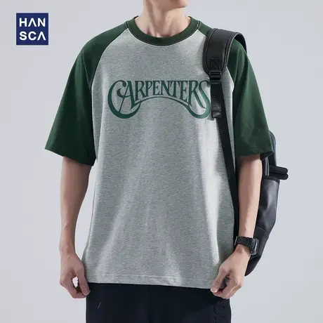 hansca 美式复古重磅撞色字母印花短袖T恤男夏季拼接插肩袖上衣服商品大图