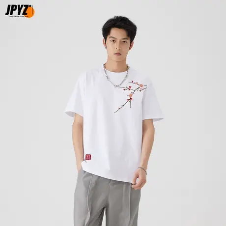 男生梅花刺绣印花夏季t恤上衣短袖宽松半袖纯棉潮流圆领国潮体恤商品大图