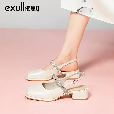 依思q包头凉鞋女春季2024新款仙女风法式水钻玛丽珍粗跟中跟单鞋图片