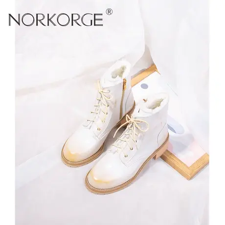 2023新款冬复古真毛保暖马丁靴真皮圆头粗跟中跟拉链雪地靴图片