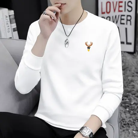 重磅纯棉长袖t恤男加绒加厚白色打底衫保暖摇粒绒全棉内搭秋衣服商品大图