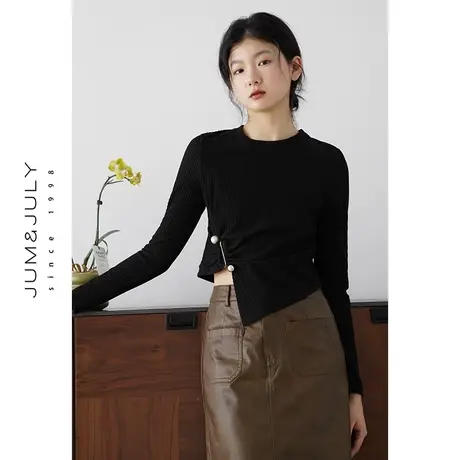 嘉茱莉2023秋季新款不规则长袖针织T恤女短款褶皱针织上衣设计感图片