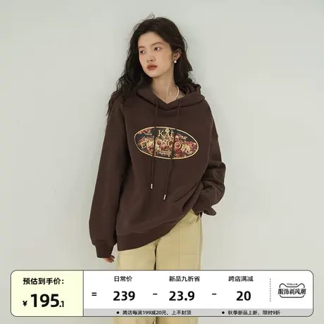 omont蛋挞家 加绒印花连帽卫衣女2023秋冬新款宽松休闲帽衫上衣图片