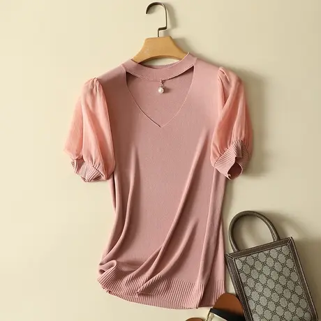 冰丝针织衫2023秋季女士新款宽松五分袖圆领打底衫上衣短袖T恤潮商品大图