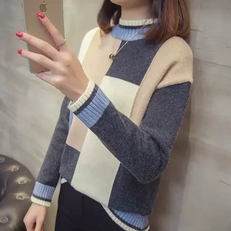 半高领撞色格子针织衫加厚新款女裝上衣韩版洋气内搭加厚毛衣商品大图