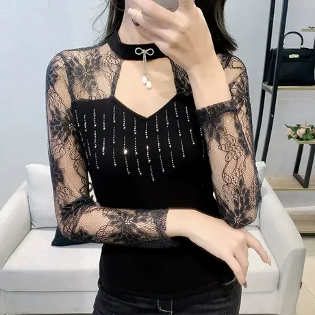 2023春秋新款性感镂空T恤女长袖蕾丝拼接洋气上衣紧身内搭打底衫商品大图