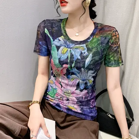 气质漂亮小衫女夏季性感网纱V领T恤短袖时尚圆领上衣显瘦修身半袖商品大图