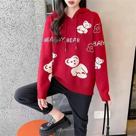 慵懒风卡通毛衣女连帽2023年秋装新款洋气减龄爆款学院风卫衣百搭图片