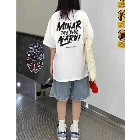 欧货大版美式复古白色短袖t恤女夏季宽松oversize情侣装潮牌上衣商品大图