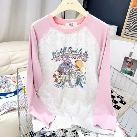 ins粉色兔子俏皮可爱减龄防晒薄款长袖T恤夏季天丝棉上衣拼色显瘦商品大图