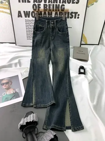 两粒扣磨白复古牛仔喇叭裤女2023秋季新款显瘦百搭开叉弹力微喇裤图片