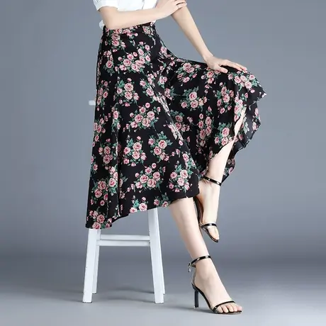 印花裙裤女夏季2023新款宽松垂感雪纺阔腿裤大码高腰休闲七分裤裙图片