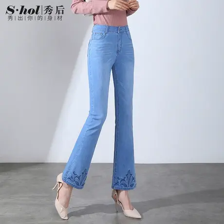 浅色刺绣花喇叭裤2023年夏季新款弹力微喇牛仔裤女高腰显瘦九分裤商品大图