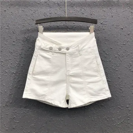 春夏新款白色简约风时尚不规则高腰显瘦个性阔腿热裤牛仔短裤女潮图片