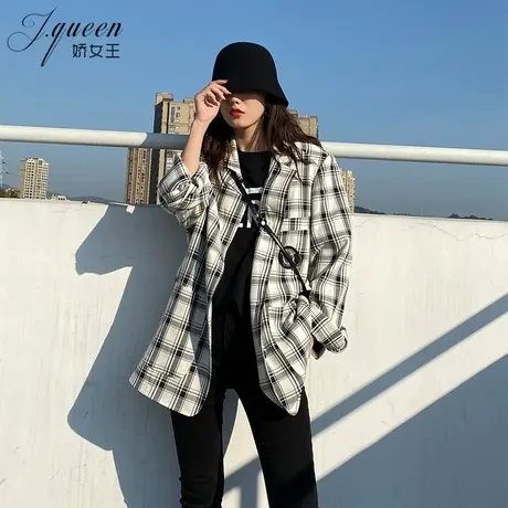 格子小西装女春秋新款复古格纹宽松洋气时尚休闲大码显瘦西服外套图片