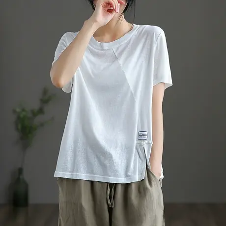 dza 白色纯棉开叉短袖t恤女士2022夏季新薄款宽松上衣百搭体恤衫商品大图