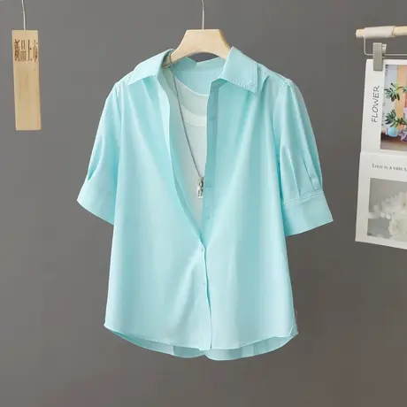 夏季薄款衬衫女短袖设计感小众短款衬衣2023新款百搭简约上衣宽松图片