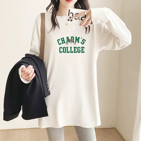 白色上衣打底衫女式中长款纯棉内搭2022年秋冬磨毛加厚T恤女长袖商品大图