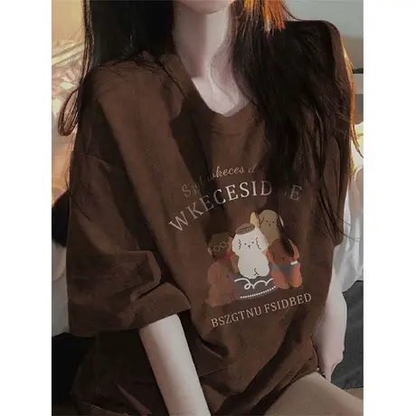 oversize纯棉短袖t恤女小个子夏季宽松半袖美式复古小众设计上衣商品大图