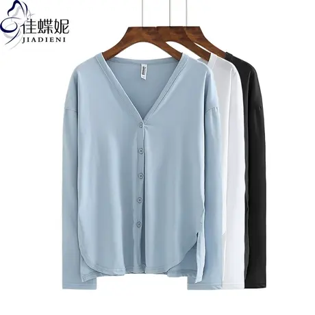 春秋季新款韩版宽松薄款大码空调衫开衫长袖体恤上衣V领女装T恤商品大图
