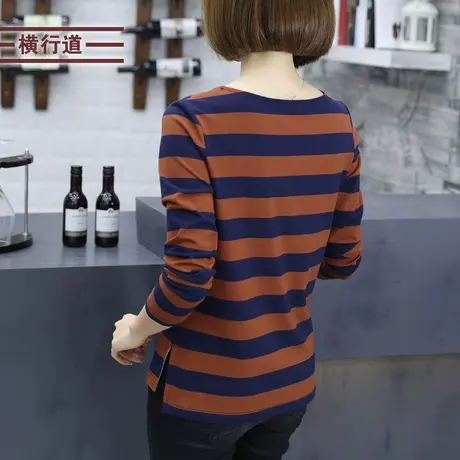 冬装圆领条纹打底衫女装宽松大码胖MM中年妈妈装长袖t恤女士上衣图片