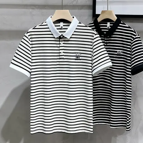 条纹短袖t恤男士POLO衫夏季丝光棉高端翻领半袖体恤休闲潮牌T商品大图
